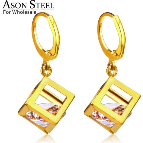 ASONSTEEL Stainless Steel Gold/Silver Color Geometry Cubic Zirconia Drop Earrings Stainless Steel Ear Hoop Female Jewelry Party