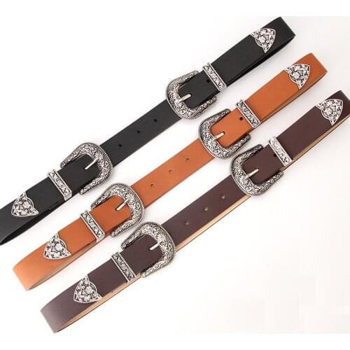 Women Vintage Boho Metal Black Brown Coffee Leather Double Buckle Waist Belt Metal Leather Punk Double Buckle Waist Belt