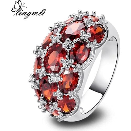 Lingmei Wholesale Fashion Jewelry Garnet Silver Color Ring Size 6-12 13 Noble Women Party Wedding NiceFree Shipping
