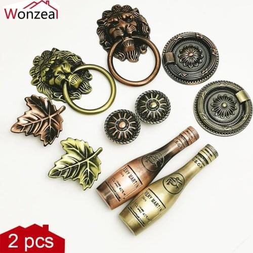 2PCS Vintage Bronze Handles Wine Bottle Leaves Lion Head Shape Cabinet Knobs Kitchen Door Cupboard Wardrobe Handles Antique Pull