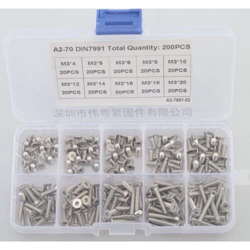 200pcs M3 mm flat head countersunk head grade 10.9 304 stainless steel Hex Socket Head Cap Screw DIN7991 Screws