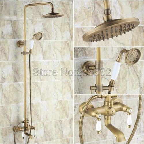 Antique Brass Bathroom Rain Shower Faucet Set W/ Ceramic Handheld Shower + Dual Ceramic Lever Bathtub Mixer Tap lrs145