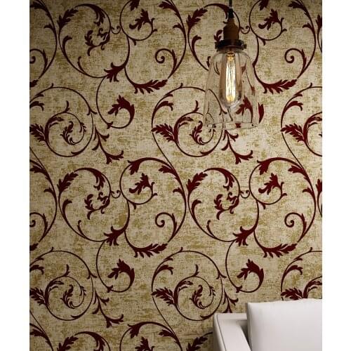 Bronze Golden Burgundy Vintage Curly Grass Velvet Flocked Wallpaper