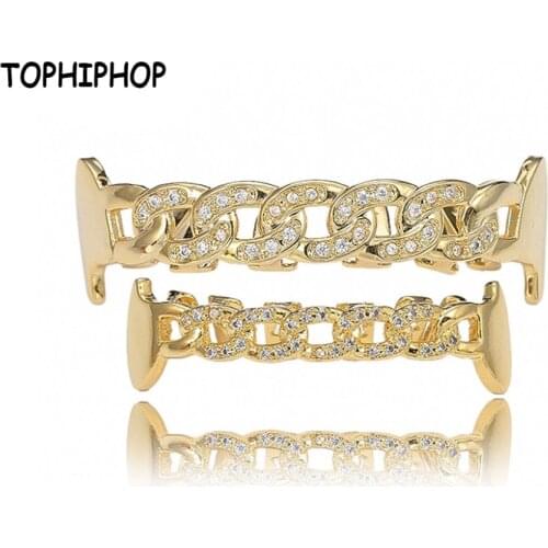 TOPHIPHOP Hip Hop Gold Teeth Cuban Chain Chain Grillz Micro-Inlaid Zircon Top and Bottom Hollow Chain Braces Vampire Grillz