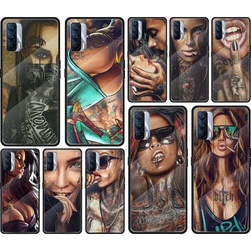 Sexy Sleeve Tattoo Girl Tempered Glass Cover For Realme 7 7i XT C3 6 5 Pro for OPPO A9 2020 A52 Find X2 Lite Phone Case