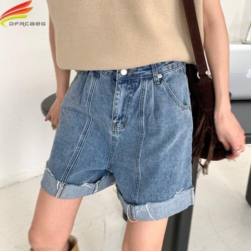Streetwear Womens Denim Shorts Summer 2021 New Fashionable Cool High Waist Crimping Blue Short Jeans Casual Short Feminino