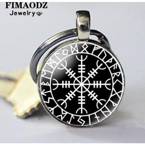 FIMAODZ Viking Compass Keychain Slavic Norway Valknut Amulet Glass Cabochon Metal Key Chain Men Car Key Ring