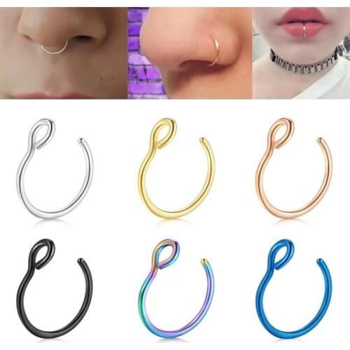 1Pc Nose Ring Stainless Steel Puncture C-Shaped Hoop Curved Angle Nose Nail For Women Fake Piercing Body Jewelry Non-Pierced