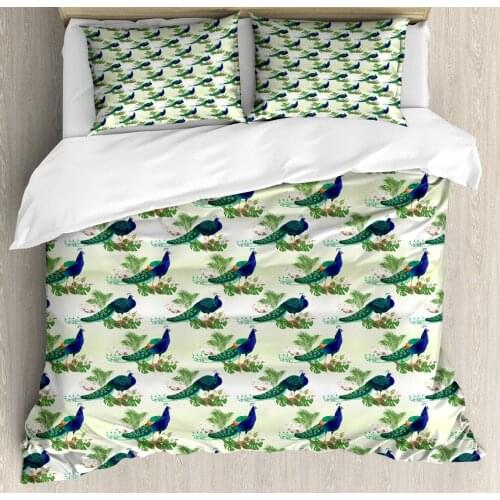 Peacock Duvet Cover Set Ostrich and Monstera Botany Arrangement 3 Piece Bedding Set Persian Orange Fern Green Navy Blue and Past