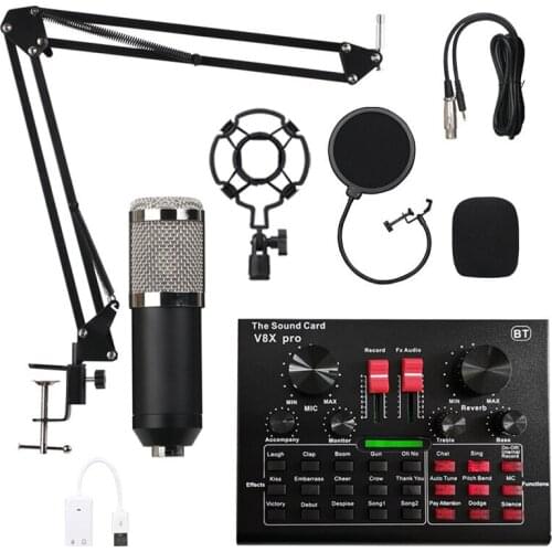 Condenser Microphone with Live Studio Sound Card Recording Mount Boom Stand Mic Kit for Live Broadcast K Song