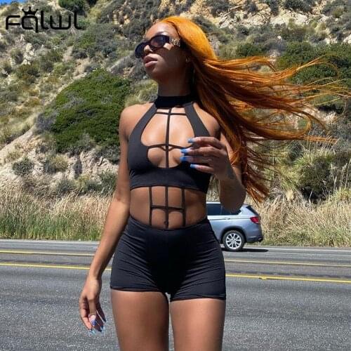 FQLWL Summer Sexy Black Rompers Womens Jumpsuit 2021 Solid Halter Hollow Out Romper Outfits Bodycon Clubwear Rompers Playsuit