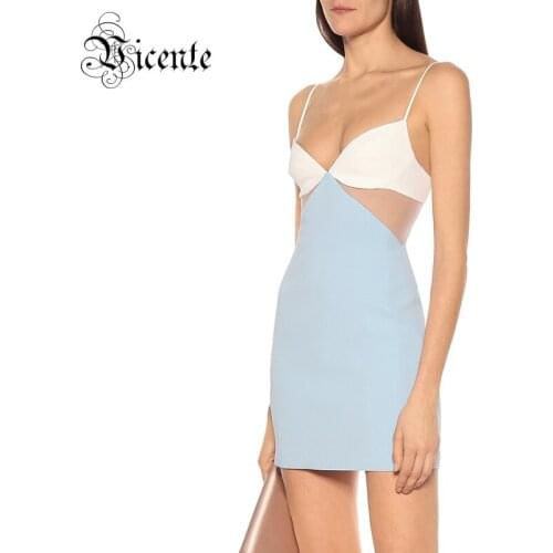 VC Trendy Mini Slip Dress Sexy Voile Splicing Design V Neck Sleeveless Celebrity Party Club Bandage Vestido Free Shipping