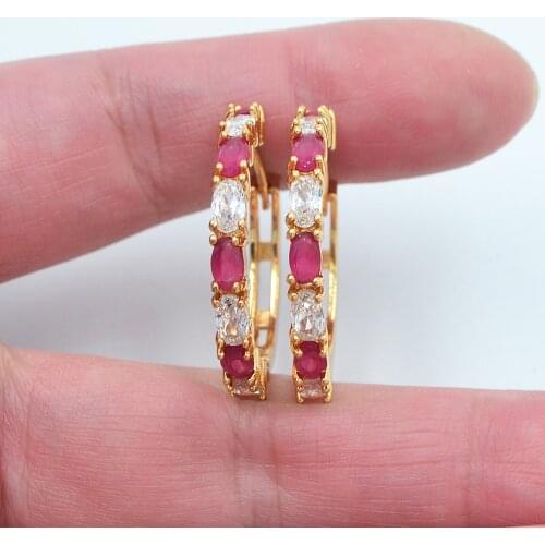 Gold Color Women Fashion Rose Red Cubic Zirconia CZ Huggie Hoop Earrings Jewelry