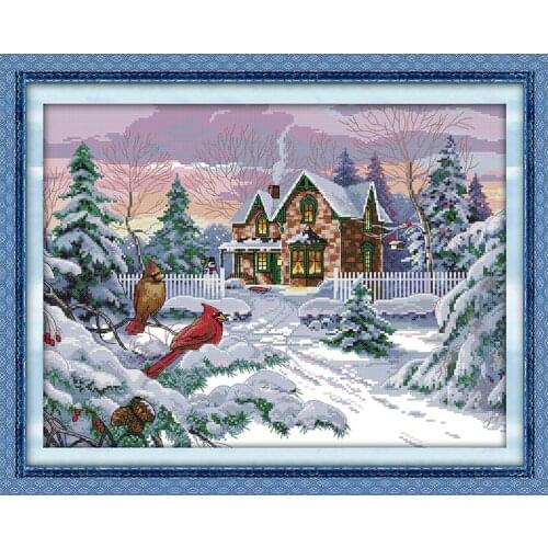 Snow scene painting counting cross stitch kits DIY stamped 11CT 14CT printed canvas needlework embroidery kit, wall decoration