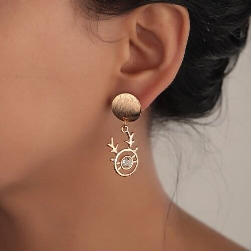 Delicate Gold Crystal Deer Dangle Earrings for Girls Women Geometric Big Round Drop Earring Daity Christmas Jewelry Gift for Her