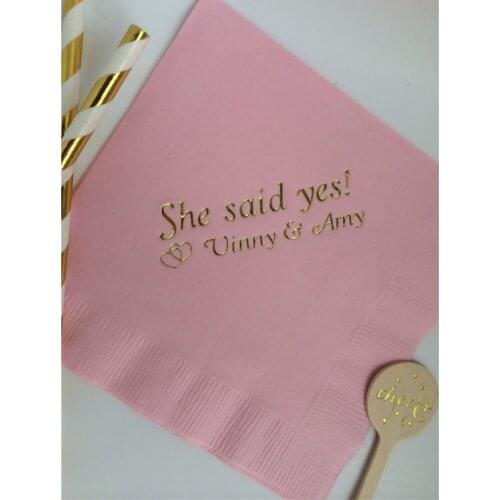 Personalized Napkins Gold Foil Wedding Engagement Party Custom Monogram Printed Cocktail Beverage Luncheon Dinner Guest Towels
