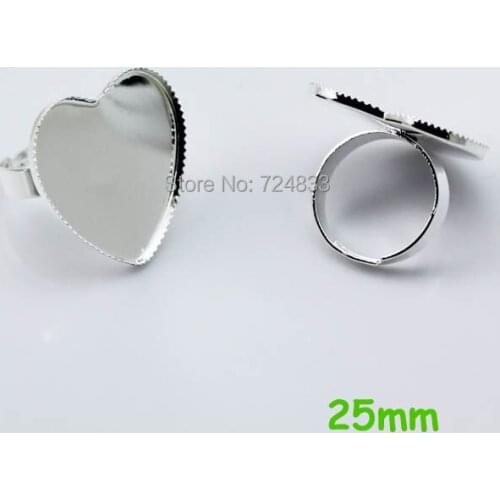 Blank Bezel Ring bases w/ Inner 25mm Heart pads tray Glass Cabochon Brass Adjustable Ring Settings Findings Silver tone