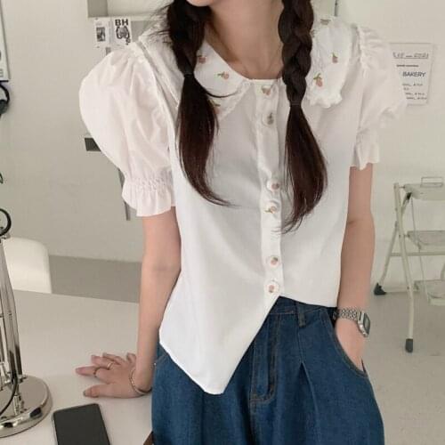 Button Up Shirt Temperament Doll Collar White Short-sleeved Shirt Female Design Sense Niche Summer New Korean Loose Top