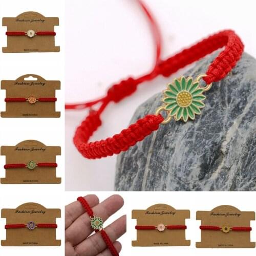 Lucky Red String Braided Rope Sunflower Love Charm Bracelets for Women Girls Handmade Weave Adjustable Friendship DIY