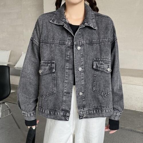 Vintage Black Jean Jacket Women Denim Jacket Streetwear Harajuku Punk Long Sleeve Casual Short Jacket Ladies Loose Overcoat 2021