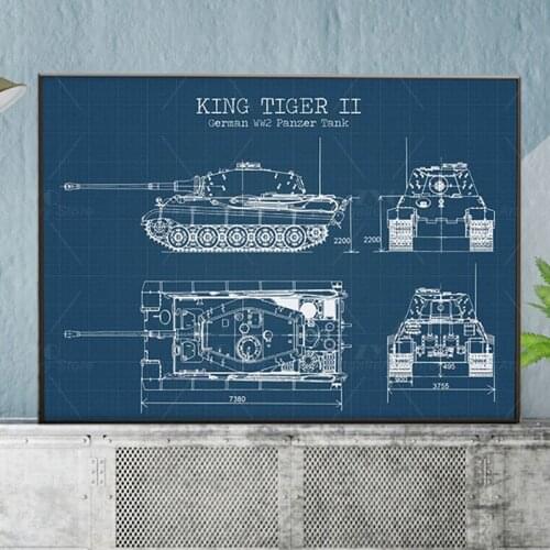 WW2 Tank Patent Vintage Posters and Prints German Tank King Tiger 2 Blueprint Art Canvas Painting Boys Gifts Wall Art Decor