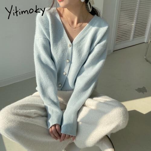 Yitimoky Cardigan Women Sweater Pink Blue V-Neck Knitted 2021 Fall Clothes Solid Casual Single Breasted Vintage Top Fashion New