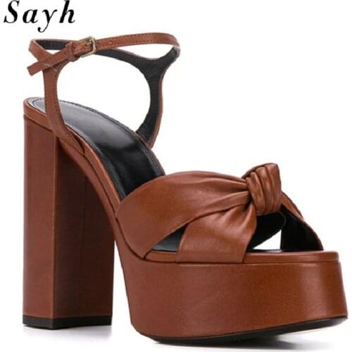 Women Fashion Platform Pumps Thick High Heels Peep-Toe Sandals Knotted Sandals Ankle Buckle Party Prom Shoes