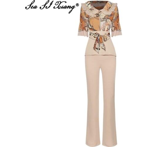 Seasixiang Fashion Designer Summer Suit Women Lace Up Print Flare Sleeve Tops + Solid Elastic Waist Flare Pants Two Piece Set