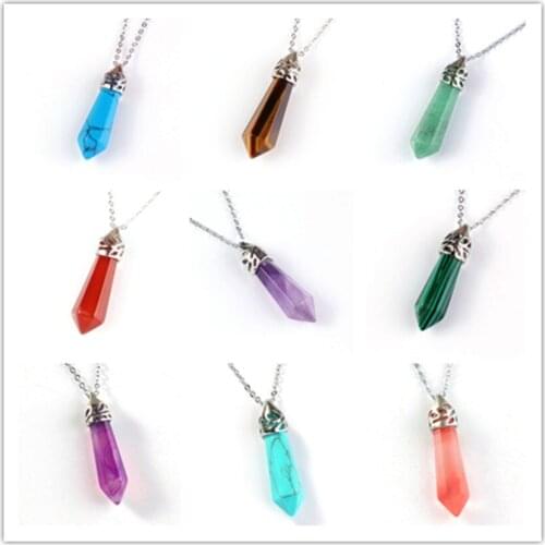100-Unique Silver Plated Amethysts Small Hexagon Prism Green Turquoises Stone Pendant Link Chain Necklace