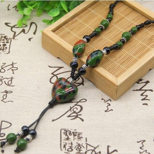 Ethnic style Handmade ceramic Bead Heart-shaped pendant sweater chain necklace N008