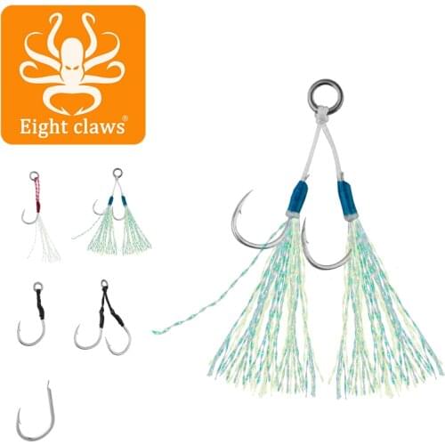 Eight Claws Single Hook Fishing Double Hooks With Barb High Carbon Steel With Feather Deep Sea Jigging Barbed Assist Hooks