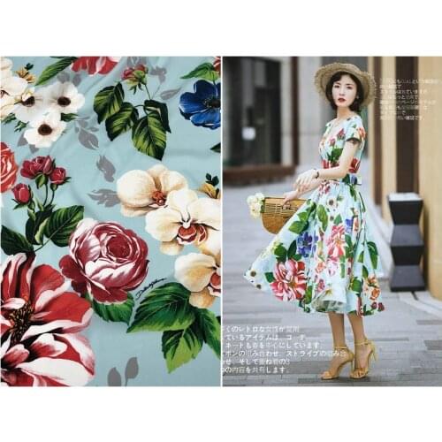Floral printing fresh blue elastic crepe de chine digital printing sewing mulberry silk haute couture fabric dresses per meter