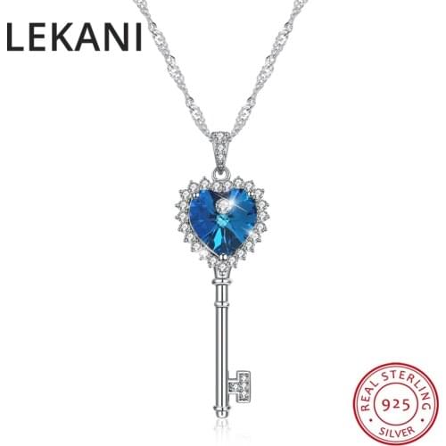 LEKANI Crystals From SWAROVSKI Blue Purple Heart Key Pendant Necklaces Real 925 Silver Fine Jewelry For Women Chic GIFT