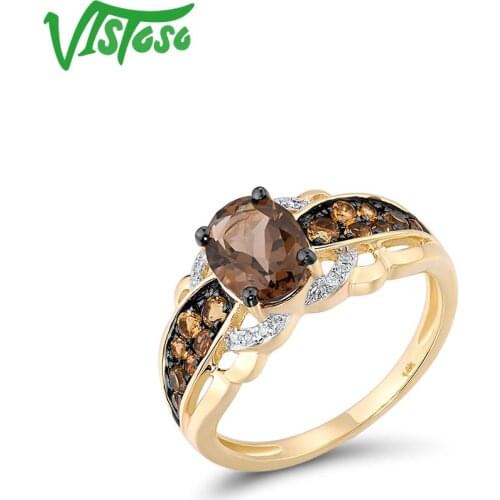 VISTOSO Genuine 14K 585 Yellow Gold Ring For Women Diamond Citrine Smoky Quartz Luxury Wedding Engagement Gift Fine Jewelry