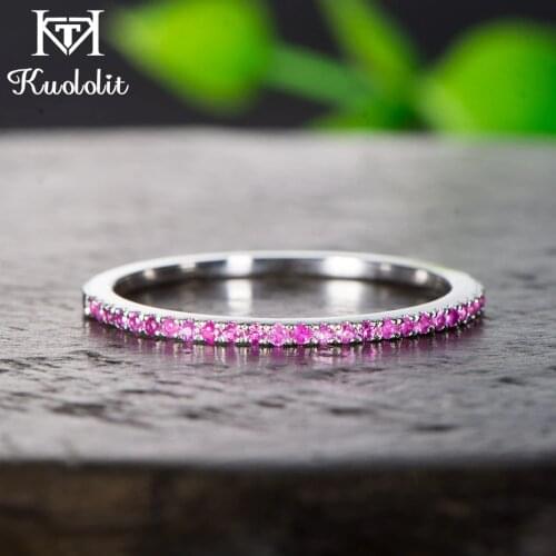Kuololit 10K White Gold Natural Ruby Gemstone Rings for Women 100% Hand Setting Eternity Band Red Rings Engagement Fine Jewelry