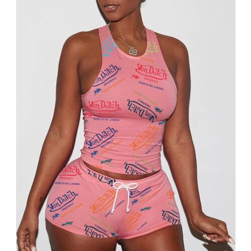 Summer Women Two Piece Suit Sets Casual Oversize Homewear Sleeveless Letter Print Tank Top & Skinny Drawstring Shorts Set