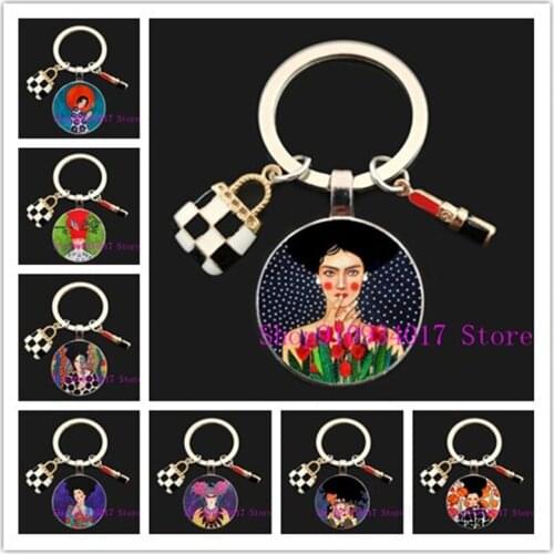 Fashion woman modern girl pattern art photo round glass keychain beautiful girl glass cabochon handmade pendant keychain