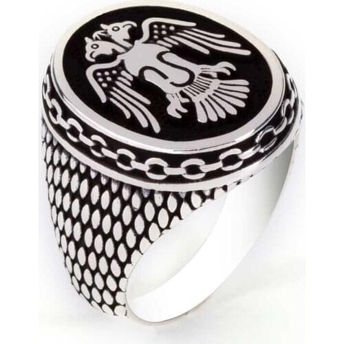Men Handmade Silver Ring With Chain Animal Eagle Motif, Seljuk Empire Ring, Made in Turkey, Solid 925 Sterling Silver