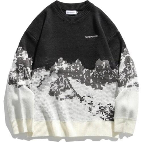 2021 Men Hip Hop Streetwear Knitted Sweater Embroidery Retro Vintage Snow Sweater Cotton Harajuku Casual Pullover Sweater Black