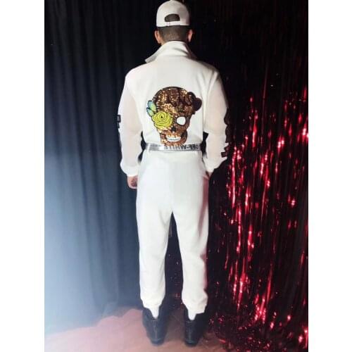 Nightclub male singer DJ embroidery skull jacket costume hip hop overalls sexy handsome performance stage costume