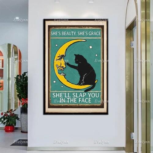 Black Cat Poster, Funny Moon Wall Art , SheS Beauty Prints, SheS Grace Canvas, She Will Slap You In The Face Home Decor Gift