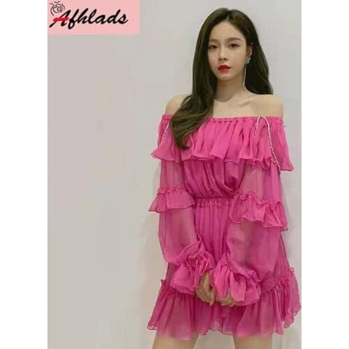 Off The Shoulder Slash Neck Sexy Ruffles Long Sleeve Vestidos Tassel Solid Color Luxury High Waist Designer Spring Mini Dress