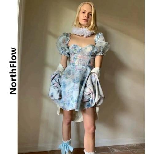 Northflow Women Dress Pring Floral Ruffles Puff Sleeve Mini Organza De Fiesta Party Dress Vestidos Robe Femme