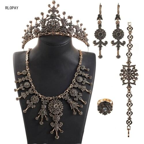 RLOPAY Luxury Gray Stone Macedonia Wedding Necklace Set Dark Gold Flower Morocco Jewelry Set for Women