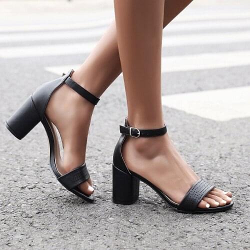 Large size ladies sandals 40-43 summer hollow nude Roman shoes word buckle open toe womens shoes thick high heel sandals