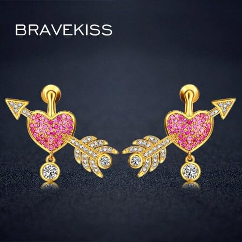 BRAVEKISS Stud Earrings For Girl Pink Cubic Zirconia Cute Love Charms Gold Color Arrow And Heart bridal Earrings Luxury BUE0312