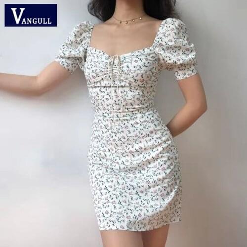 Vangull French Prairie Chic Retro Chiffon Floral Sheath Puff Sleeve Square Collar Drawstring Tie Slim High Waist Women Dress