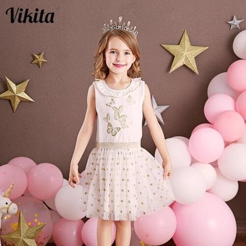 VIKITA Girls Birthday Party Elegant Dress Children Butterfly Print Vestidos Kids Polka Dot Dresses Girls Sleeveless Summer Dress