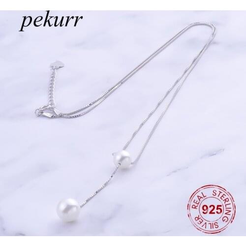 Pekurr 925 Sterling Silver 2 Round White Pearl Women Necklace Adjustable Length Box Chain Pendant Fine Jewelry Gift