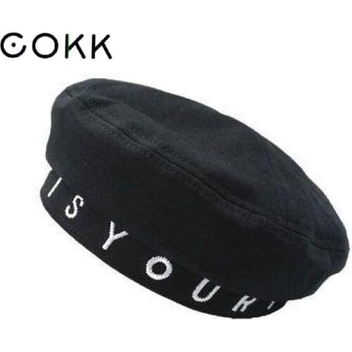 COKK Women Hat Cotton Beret Embroidered Letters Octagonal Hats For Women Painter Cap Flat Top Beret Femme Gorro Black Autumn New